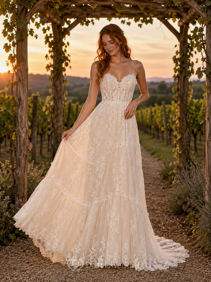Spaghetti Strap Lace Vineyard Garden A-Line Bridal Gown