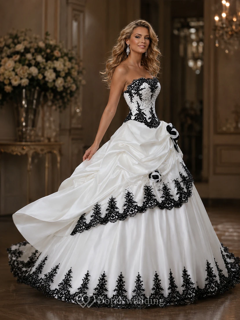 Ball Gown Taffeta Strapless Sleeveless Court Train Princess Wedding Dress with Beading Cascading Ruffles and Tiers view 5