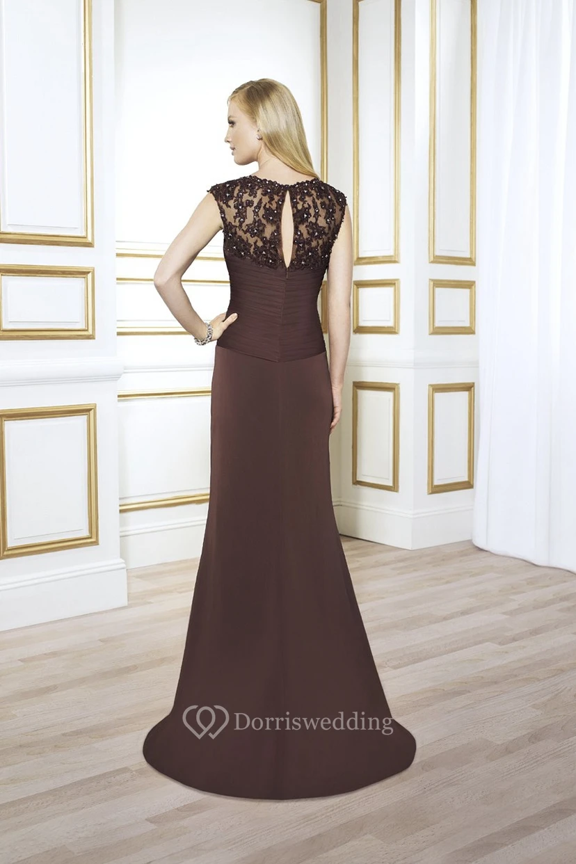 Sheath Cap-Sleeve Appliqued Floor-Length Scoop Chiffon Formal Dress With Illusion Back And Draping view 2