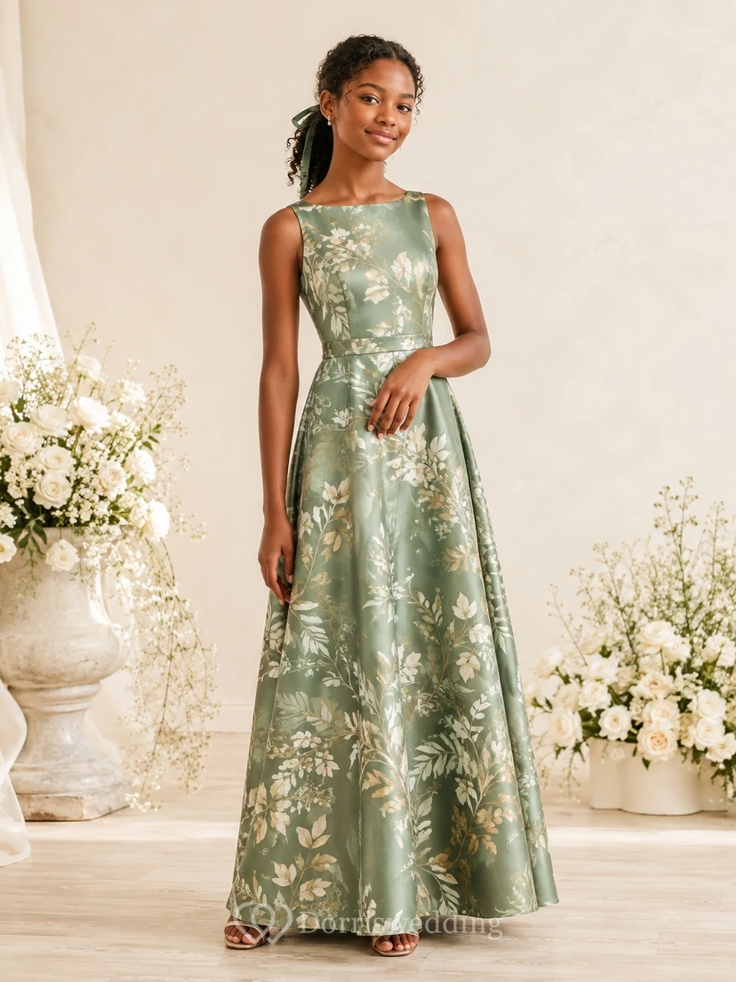 Celadonfarbenes Brautjungfernkleid für junge Mädchen, A-Linie, ärmellos, mit Schmucksteinen, Blumenmuster und Boho-Stil
