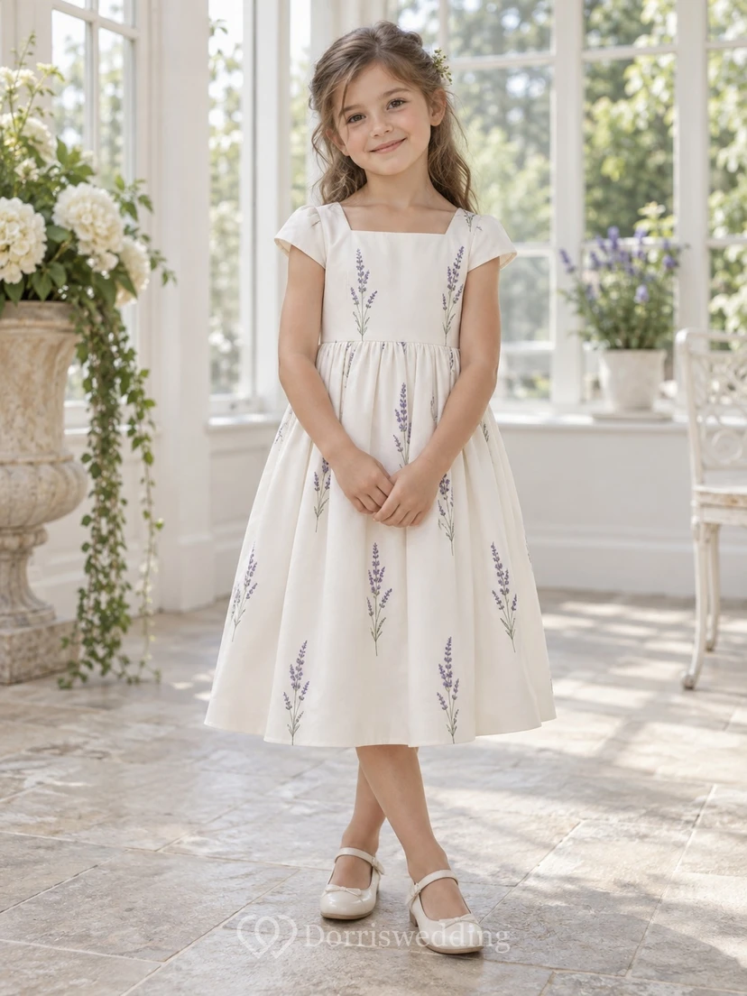 Schlichtes, schlichtes elfenbeinfarbenes A-Linien-Kleid mit Teelänge, eckigem Ausschnitt, kurzen Flügelärmeln, Zweigmuster, geraffter Taille und natürlicher Taille – perfekt für Blumenmädchen.