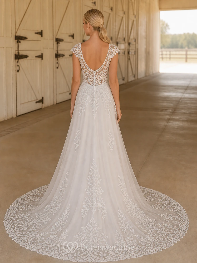 Vestido de novia romántico de manga corta, corte A, escote en V, encaje de vid con borde y cola catedral view 2