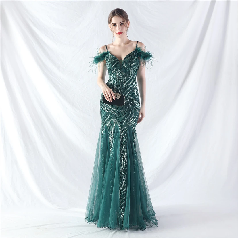 Crafted Ostrich Feather Stacked Sequins Splicing Mesh Gauze High-End Evening Dress Clothes view 23