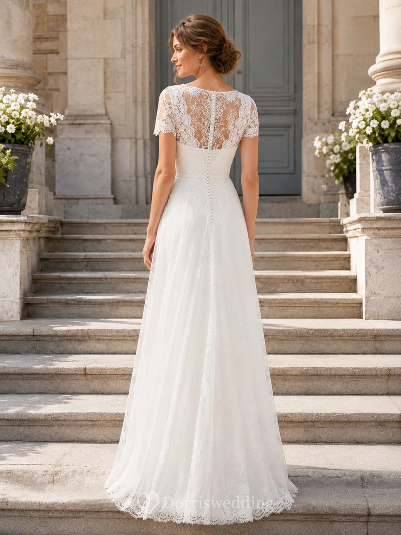 V Neck Short Sleeve Lace A Line Civil Bridal Gown view 2