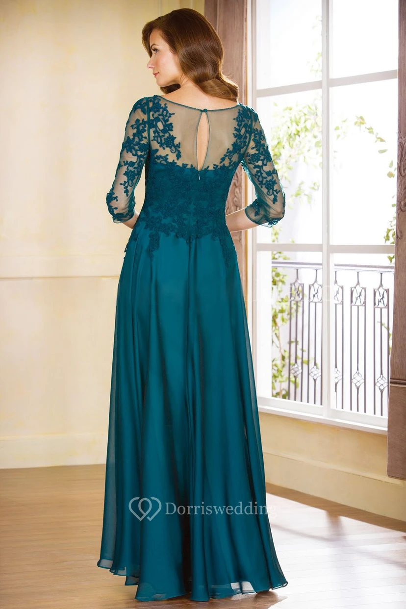 3-4 Sleeved A-Line Gown With Appliques And Illusion Style view 2