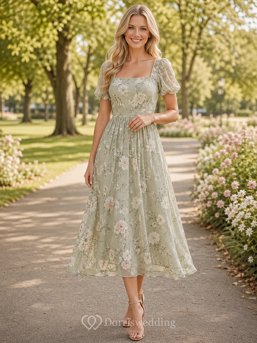 Sage Floral Puff Sleeve Family Photo Midi Dress