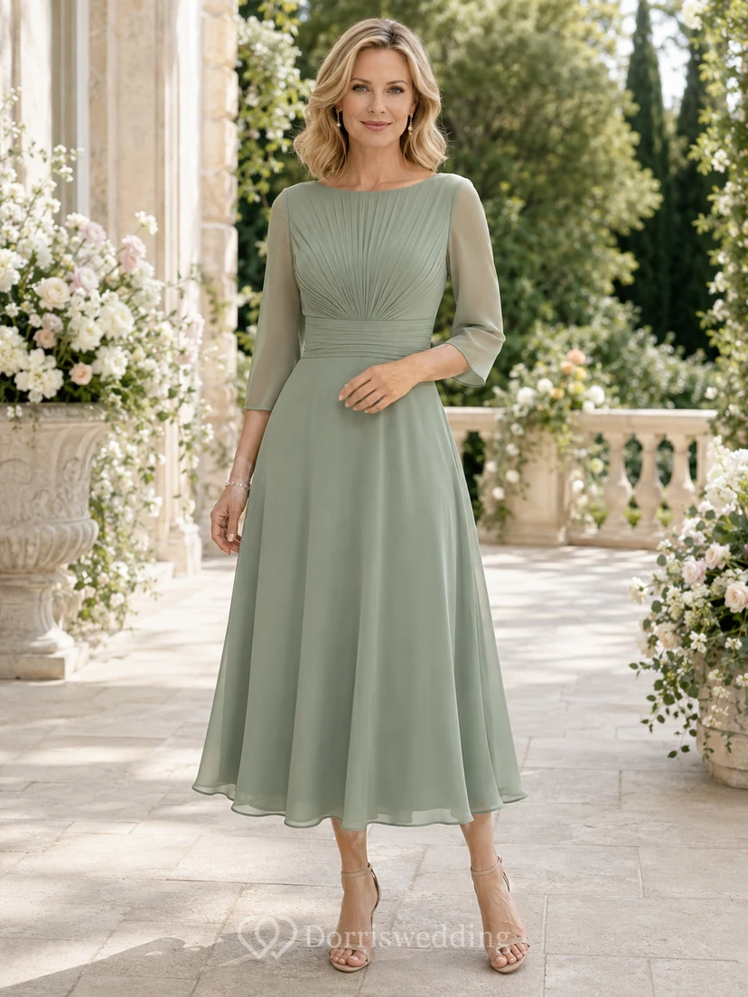 Sage Tea-Length A-Line Modest Mother of the Bride Dress with Three-Quarter Sleeves and Ruched Waist