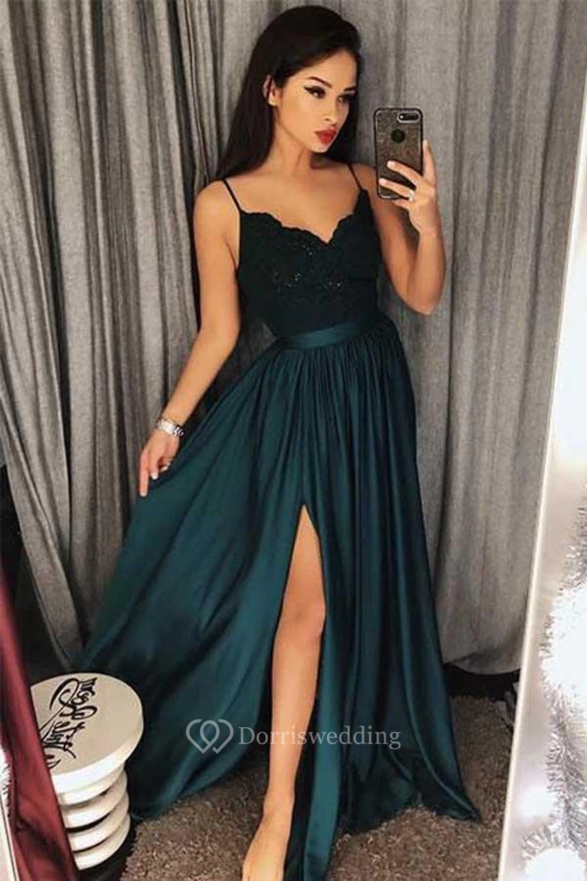 A-Line Satin Lace V-neck Sleeveless Zipper Dress