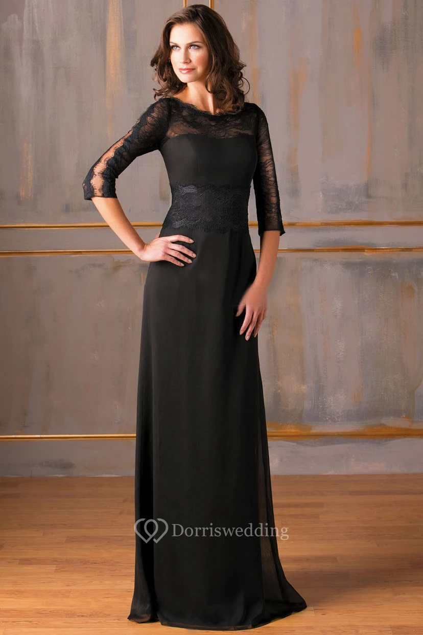3-4 Sleeved Long Chiffon Mother Of The Bride Dress With Lace And Sweep Train