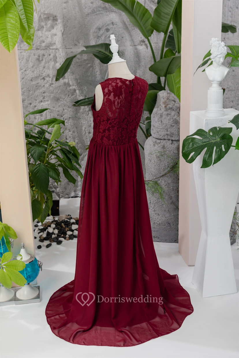 Lace Burgundy Chiffon Floor-length Sleeveless Flowergirl Dress view 9
