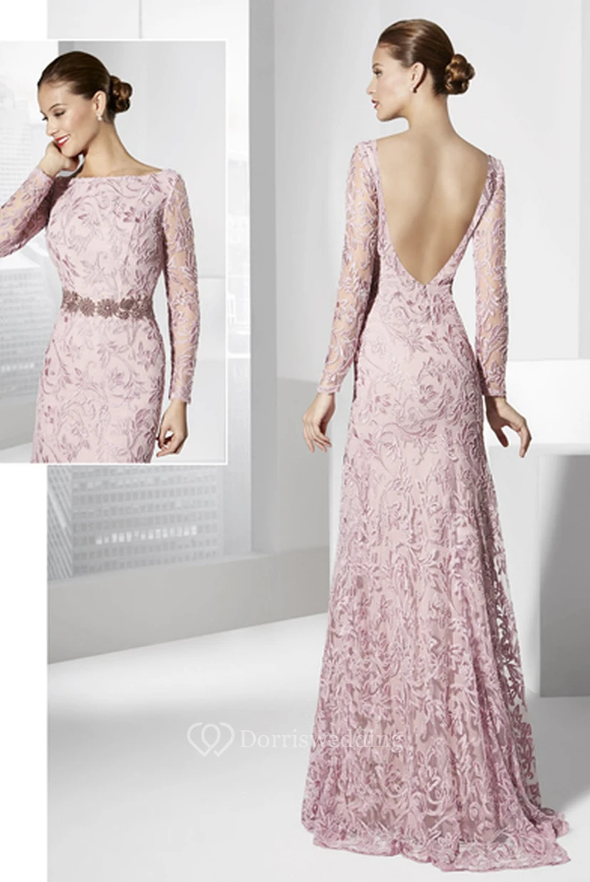 Sheath Embroidered Jewel-Neck Floor-Length Long-Sleeve Prom Dress view 2