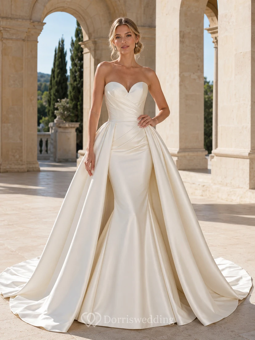 Robe de mariée minimaliste en satin, sirène, bustier cœur, traîne