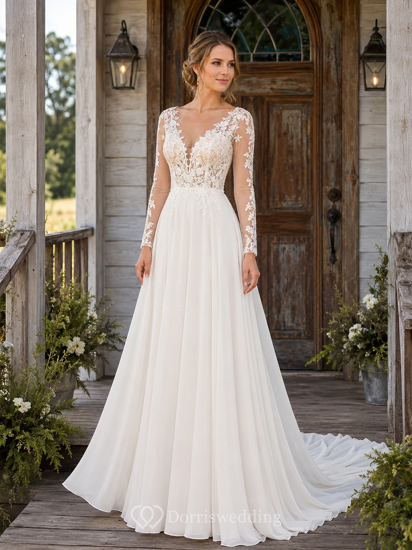 Rustikales Brautkleid aus Chiffon mit V-Ausschnitt, langen Ärmeln aus Illusionsspitze, A-Linie und tiefem V-Ausschnitt am Rücken