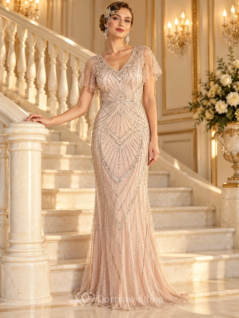 Vestido de dama de honor largo hasta el suelo, color champán vintage, corte recto, escote en V, mangas con volantes y detalles geométricos de cuentas.