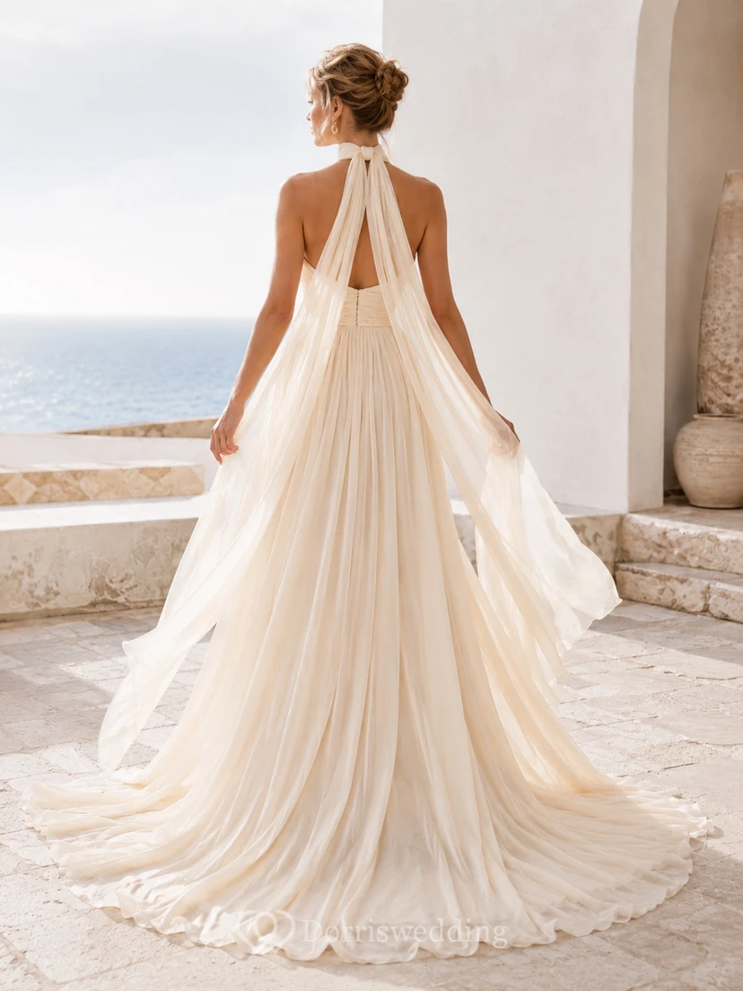 Robe de mariée moderne en mousseline de soie, coupe trapèze, dos nu et traîne courte, avec cape et dos nu view 2