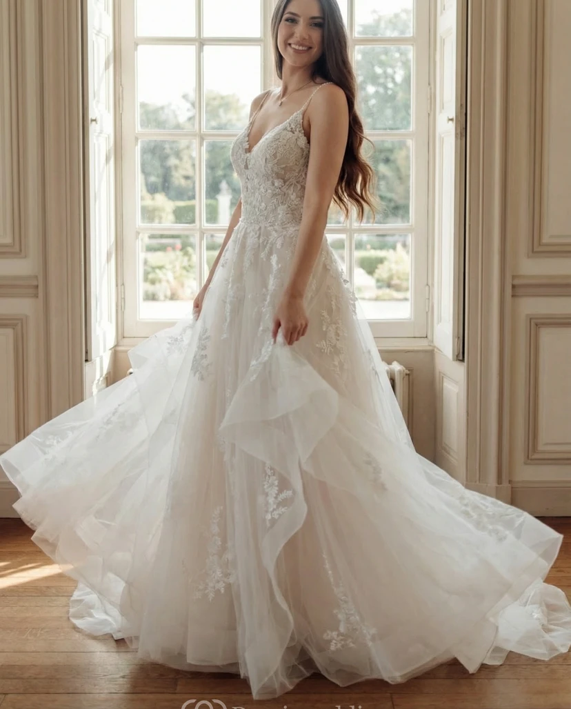 Romantic Lace Tulle A-Line Wedding Dress with Spaghetti Straps and Chapel Train