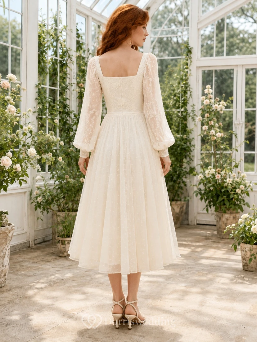 Romantisches Brautkleid mit eckigem Ausschnitt, langen Ärmeln, Spitze, A-Linie und Teelänge view 2