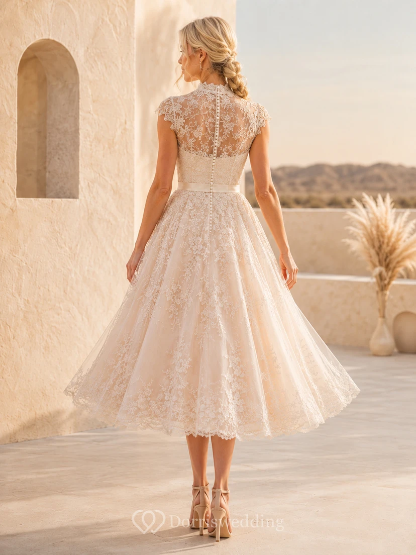 Vintage Tea-Length Bateau Cap Sleeve Lace Tulle Romantic Wedding Dress view 2