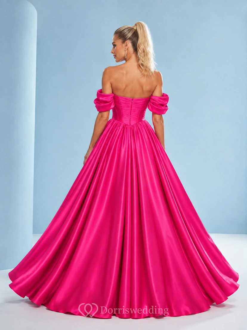 Statement Fuchsia Off-Shoulder Sweetheart Puff-Sleeve Satin Ball-Gown Floor-Length Quinceanera Prom Dress view 2