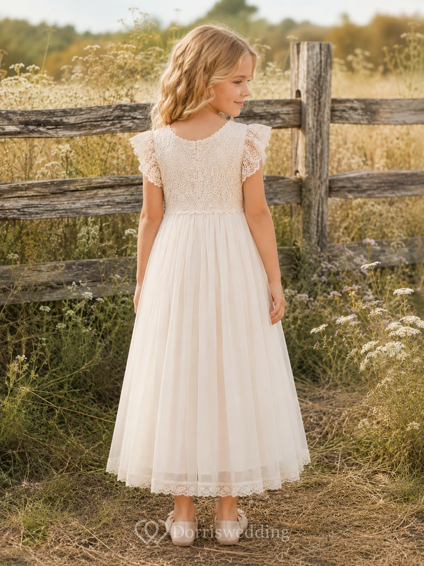 Vestido de tul rústico con mangas de volantes y encaje para niña, largo hasta la rodilla, estilo pradera. view 2