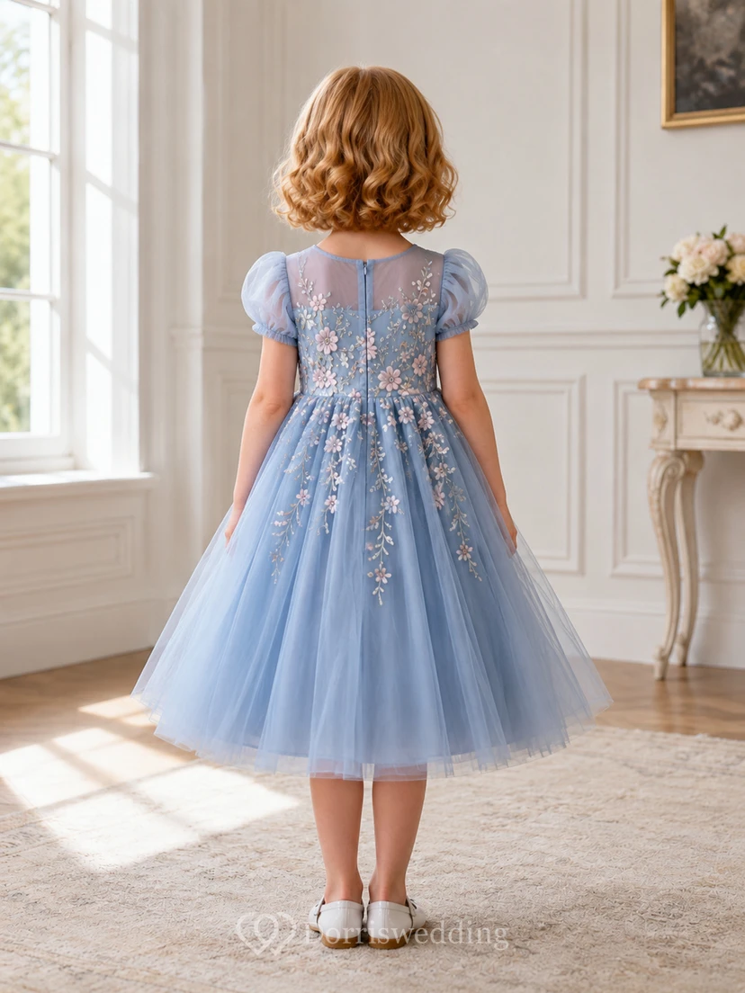 Flower Girl Dress Steel Blue Lace Tulle A-Line Jewel Neck Tea Length view 2