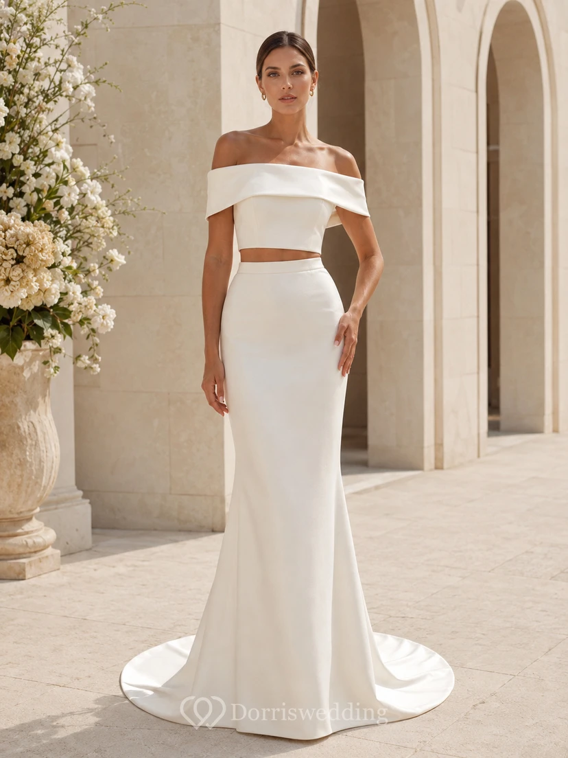 Modern Off Shoulder Satin Two Piece Wedding Sheath Short Sleeve Sweep Train