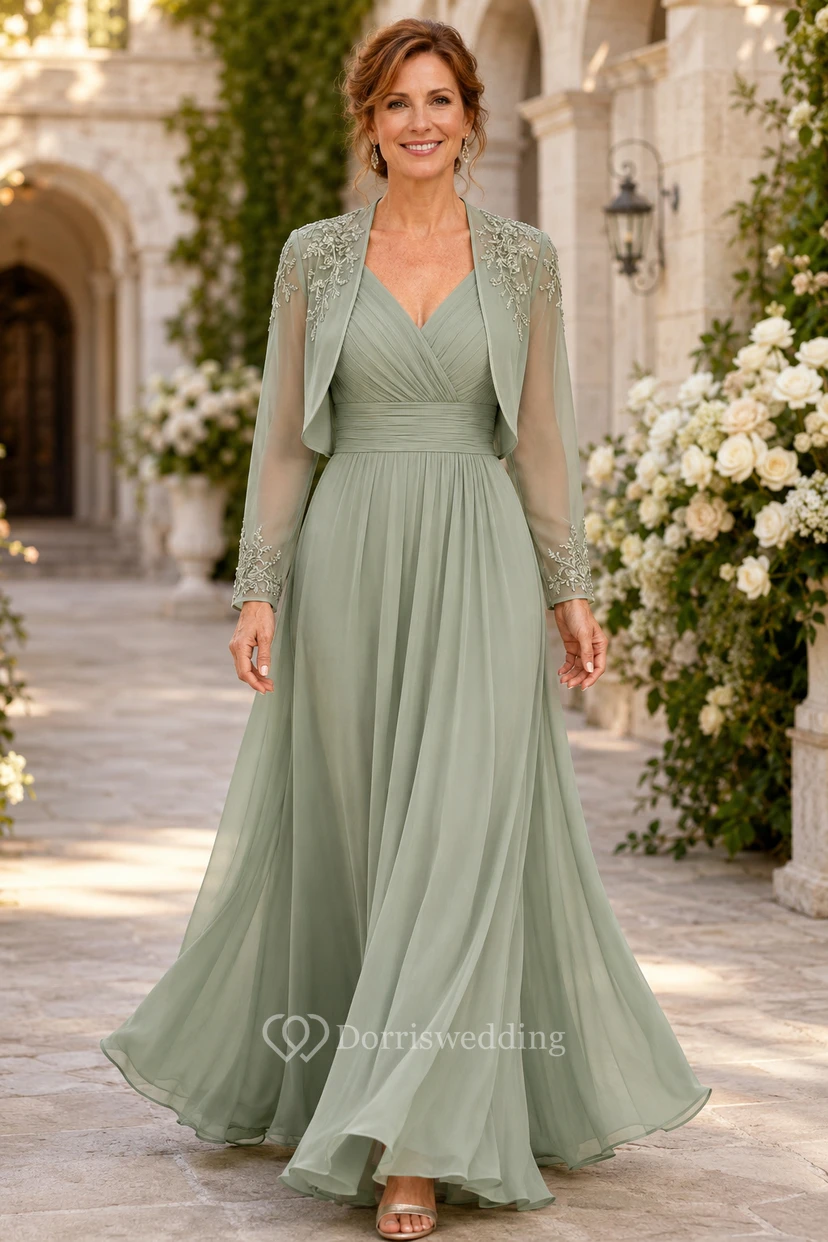 MOB-Kleid aus salbeigrünem Chiffon mit Spitze, A-Linie, langen Ärmeln, V-Ausschnitt, bodenlang, inklusive Jacke