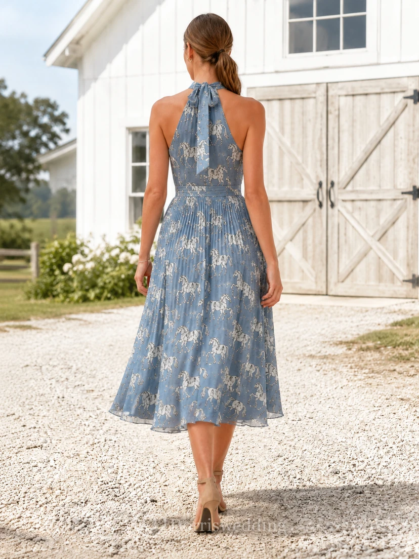 Vestido midi de corte A sin mangas con escote halter y estampado de caballos azules, estilo campestre. view 2