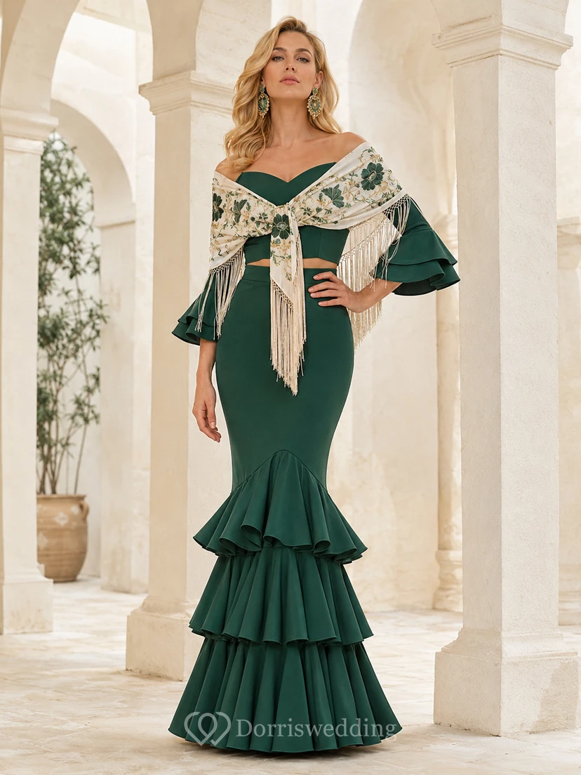 Ensemble flamenco deux pièces vert foncé à épaules dénudées, manches à volants et crop top sirène à volants