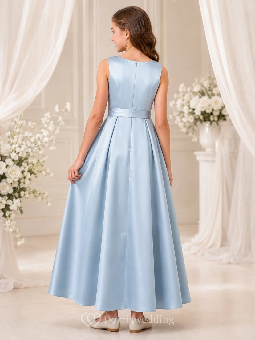 Sky Blue Junior Bridesmaid Dress A-Line Tea-Length Bateau Sleeveless Waist Bow Romantic view 2