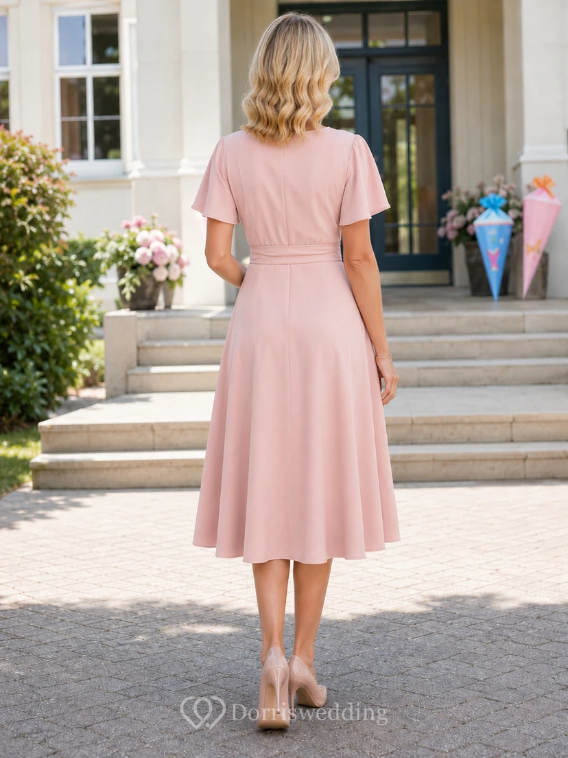 Vestido de punto rosa con cuello en V, mangas con volantes y corte en A hasta la rodilla para mamá. view 2