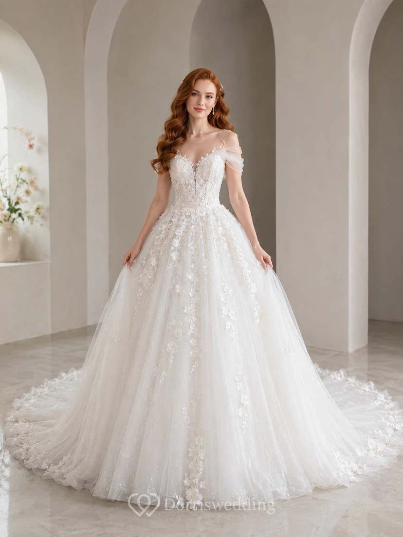 Vestido de novia de encaje y tul, estilo princesa, con hombros descubiertos, manga corta y cola larga.