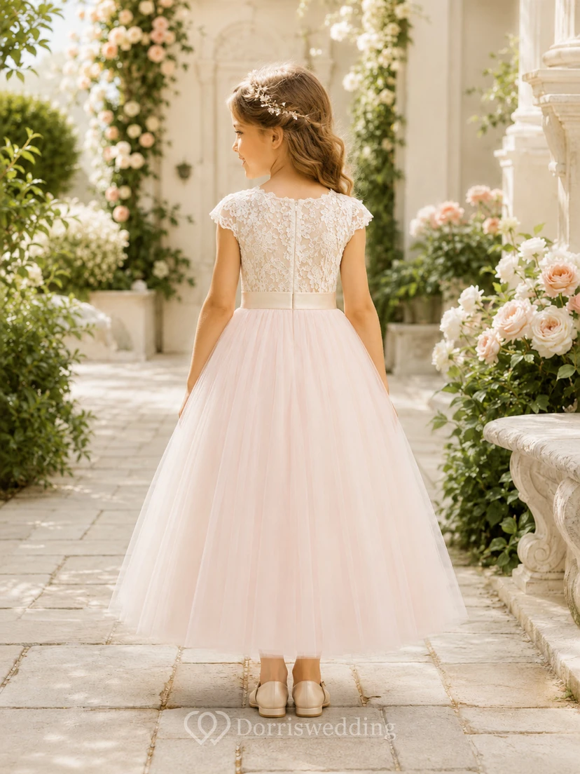 Blumenmädchenkleid aus rosafarbener Spitze und Tüll, A-Linie, kurze Ärmel, Rundhalsausschnitt, Teelänge view 2