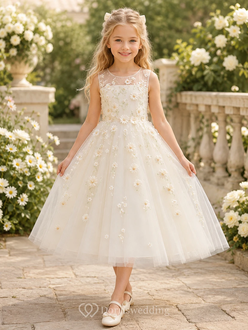 Adorable vestido de niña de flores con bordado de margaritas, corte en A, falda de tul, corpiño sin mangas y largo hasta la rodilla.