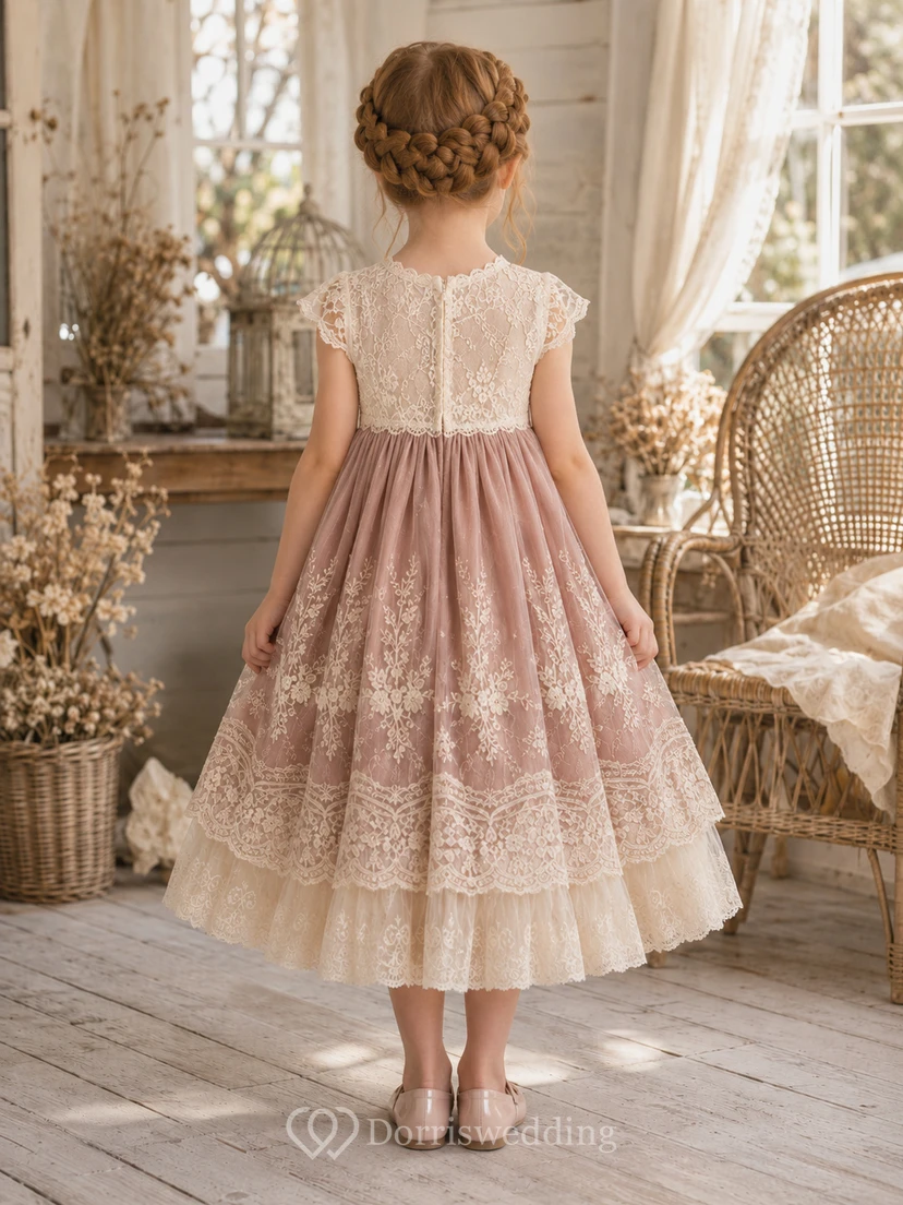 Vintage-Stufenkleid aus Spitze und Tüll für Blumenmädchen view 2
