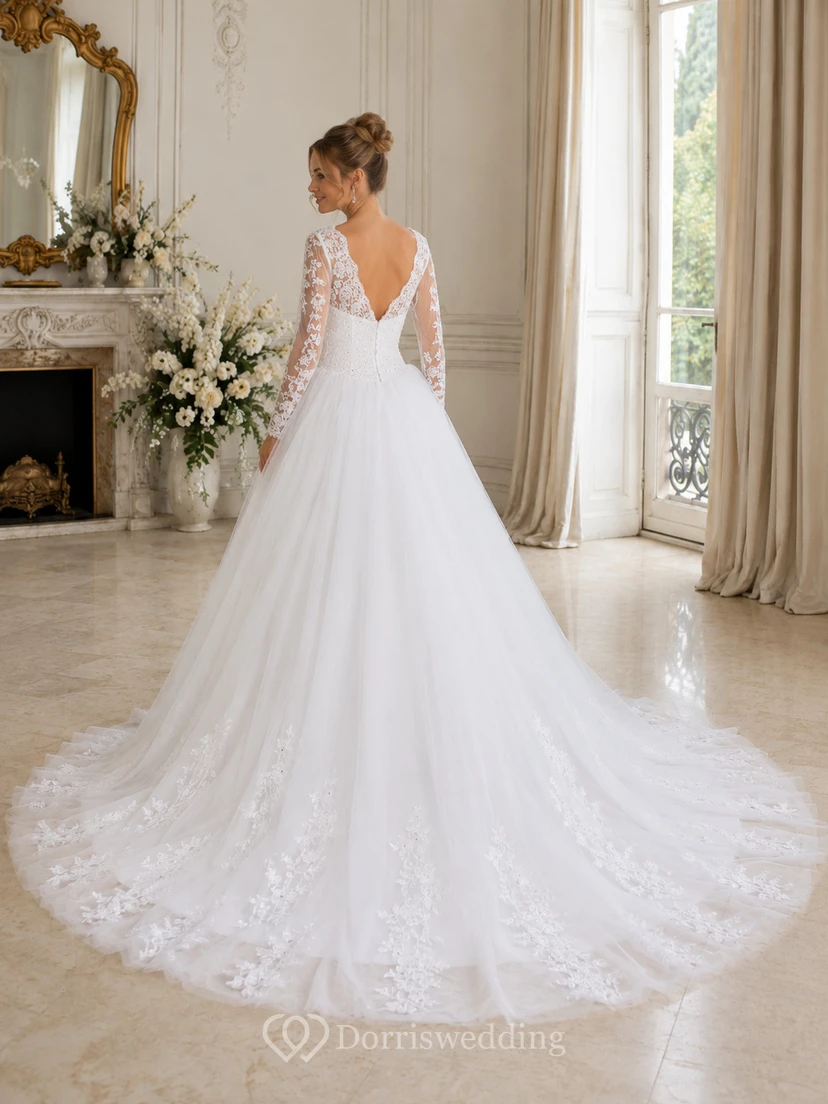 A-Line Ball Gown Long Sleeve Cathedral Train Tulle Lace Satin Dress view 2