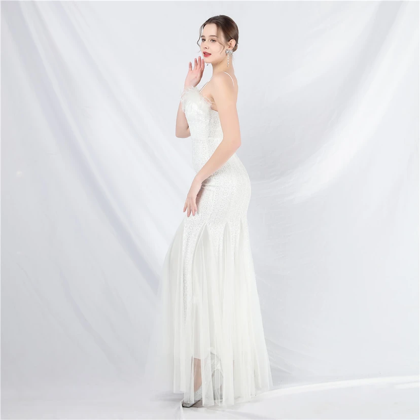 Craft Ostrich Feather Mesh Sequined Long Evening Dress view 5