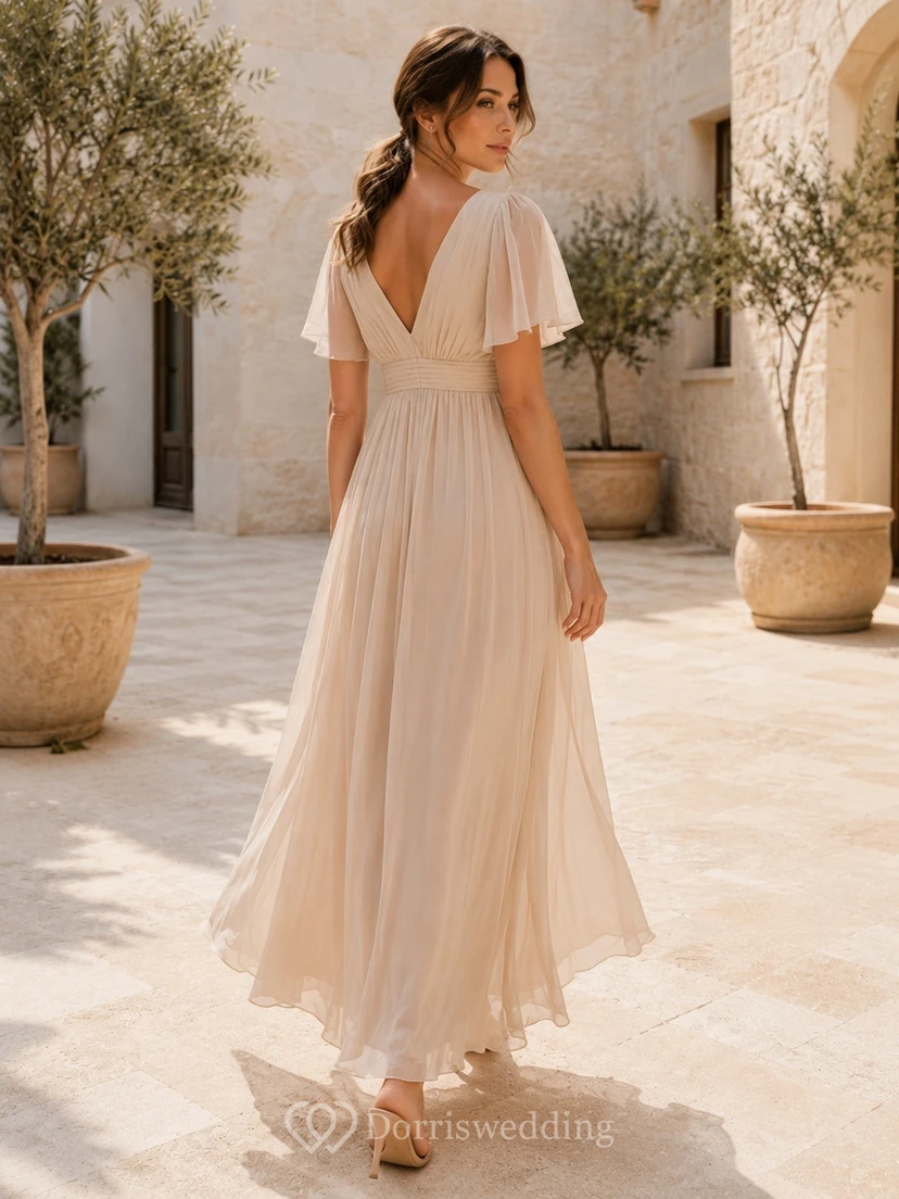 Cream Floor-Length Chiffon Empire V-Neck Flutter Sleeve Romantic Dress view 2
