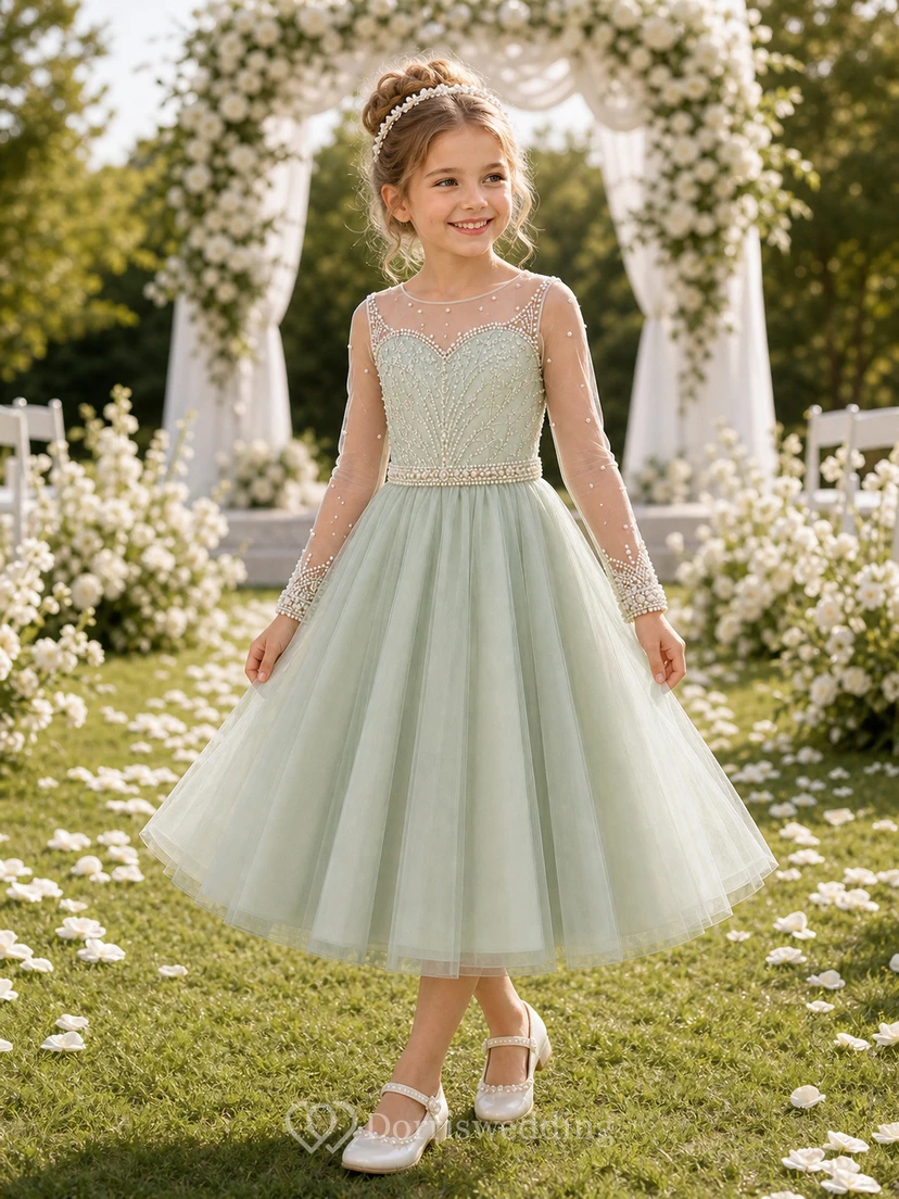 A-line Tea-length Long Sleeve Illusion Tulle Lace Flower Girl Dress with White satin skirt with long illusion lace sleeves view 7