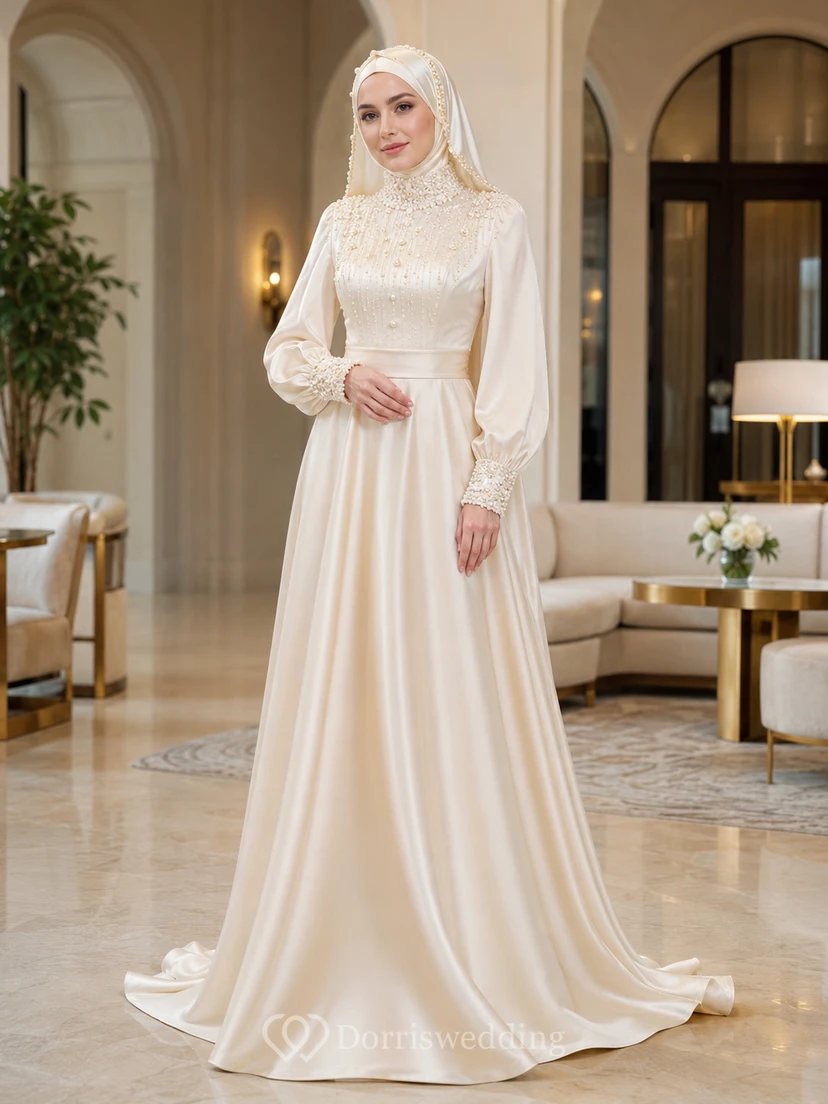 Modest Muslim Lace Bodice Satin A-Line Bridal Dress With Sweep Train
