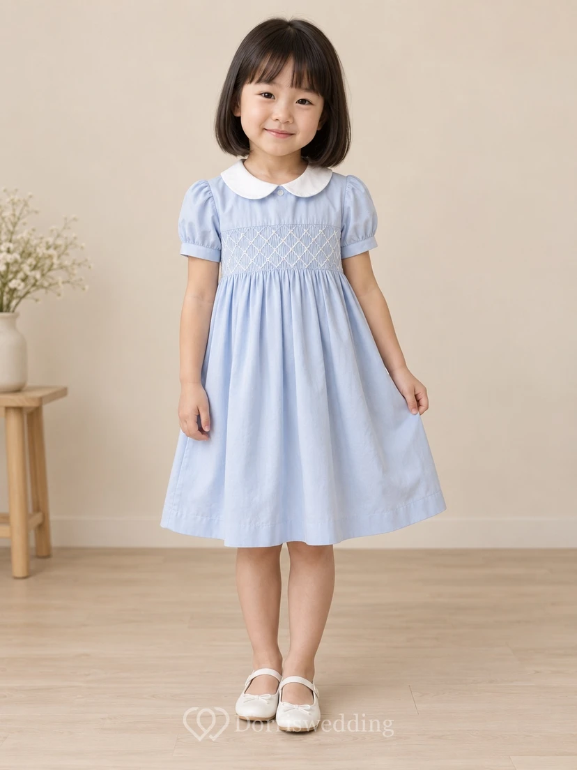 Modest Sky Blue Knee Length Small Diamond Smocked White Collar Full Flower Girl Dress