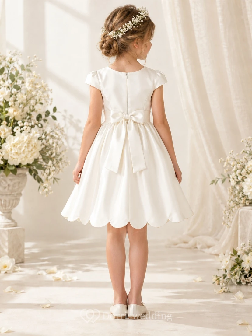 Simple Ivory Knee-length Satin Jewel Cap-sleeve Sashed Gathered Scalloped-hem Bow-back Flower Girl Dress view 2