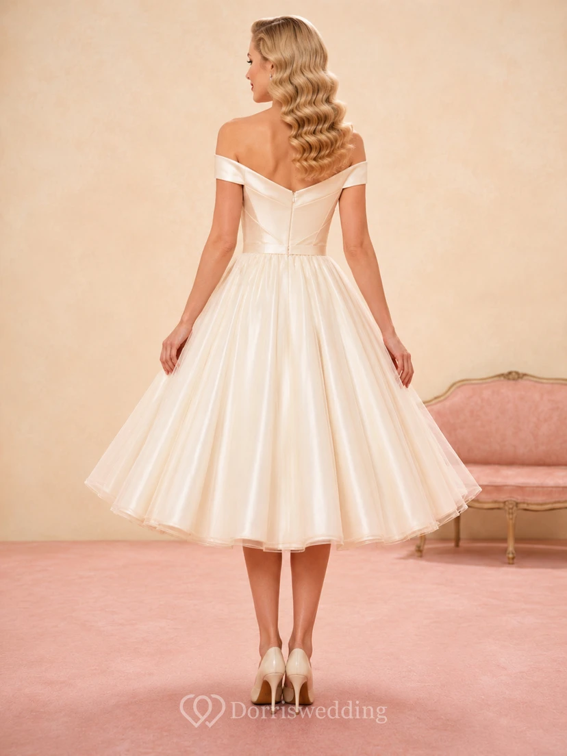 1950s Off Shoulder Ruched Pleated Satin A-Line Swing Tea Wedding Dress view 2