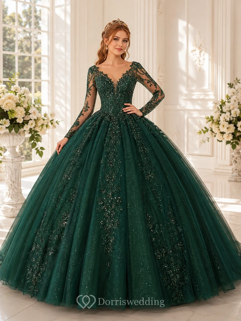 Emerald V-neck Illusion Long Sleeve Lace Tulle Ball Gown Quinceanera Dress