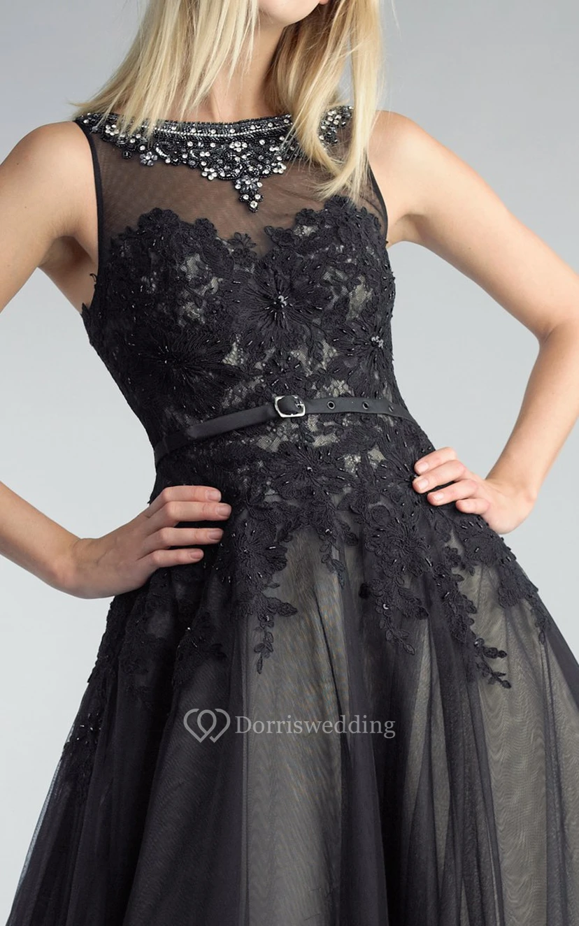 A-line Floor-length High Neck Sleeveless Tulle Illusion Dress view 4