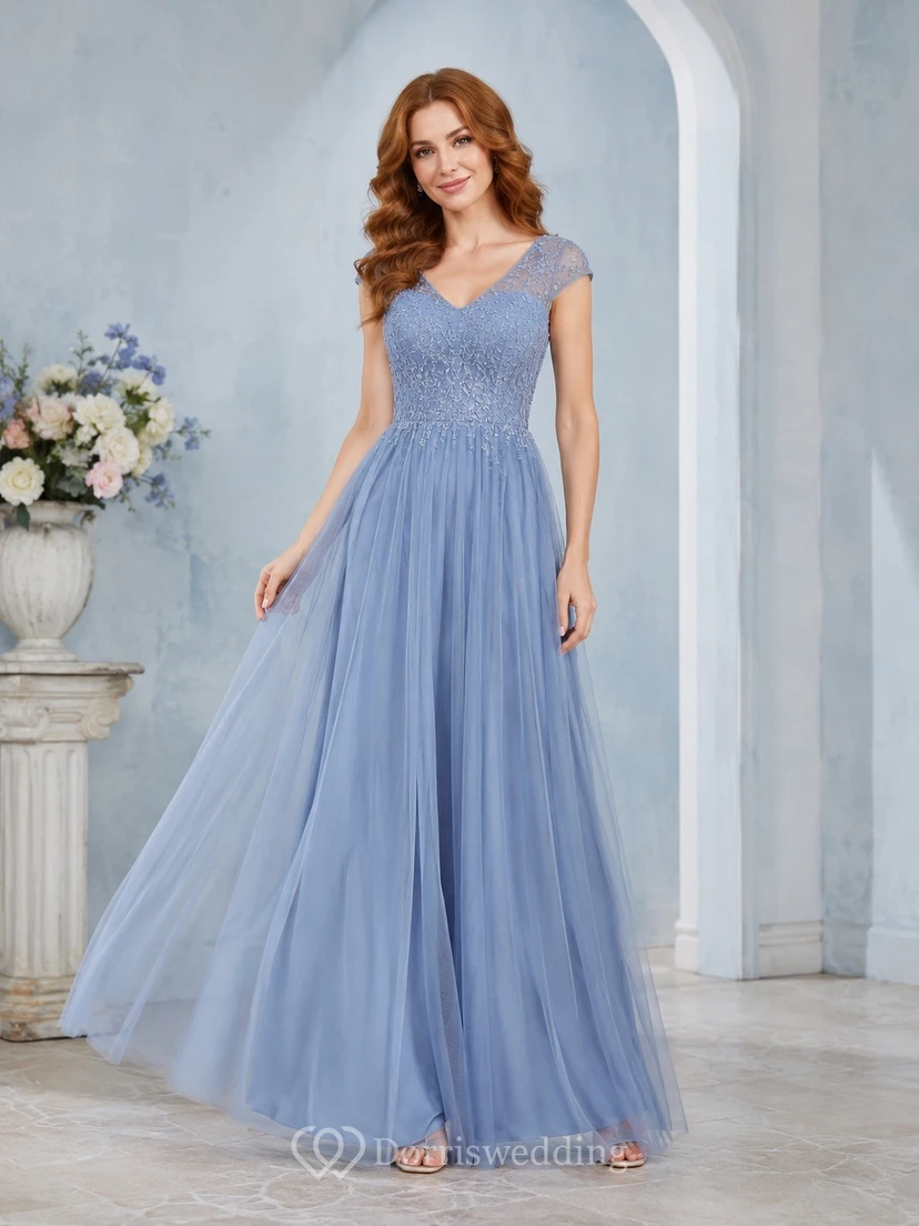 Elegant Sky Blue V-neck Sleeveless Tulle A-Line Floor-length Formal Dress