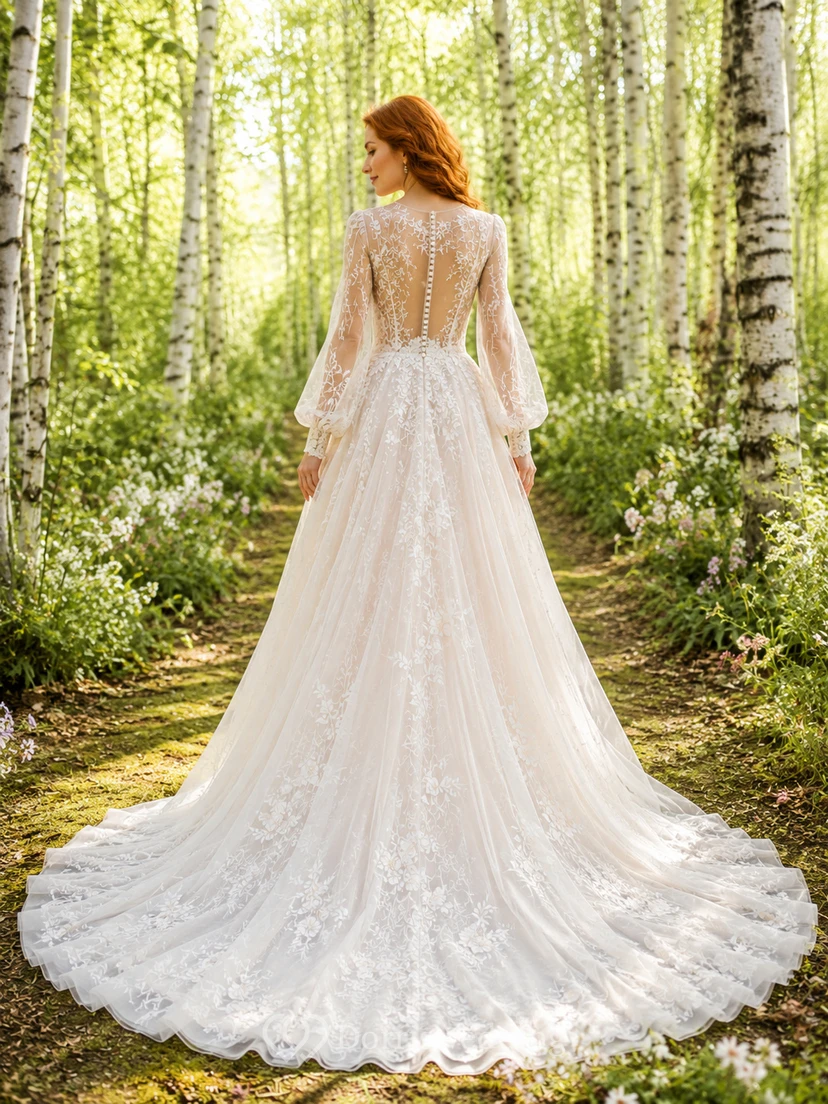 Bohemian Long Sleeve Applique Tulle Forest Bridal Gown view 2