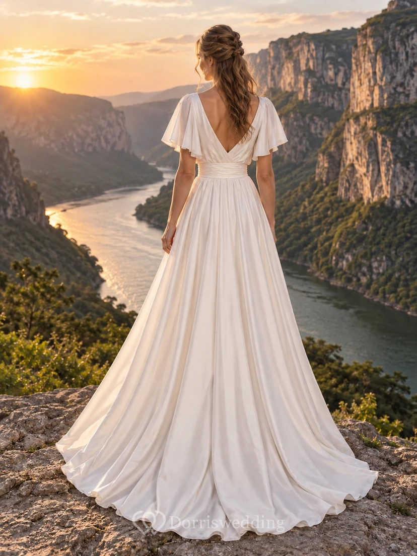 Simple V Neck Flutter Sleeve Cotton Sateen Wedding Dress with Draped A-Line Bodice view 2