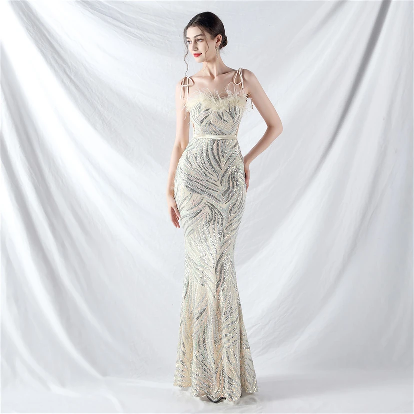 Double-Binding Rope-Binding Craft-Made Ostrich Feather Encrypted Laminated Beads High-End Evening Dress view 62
