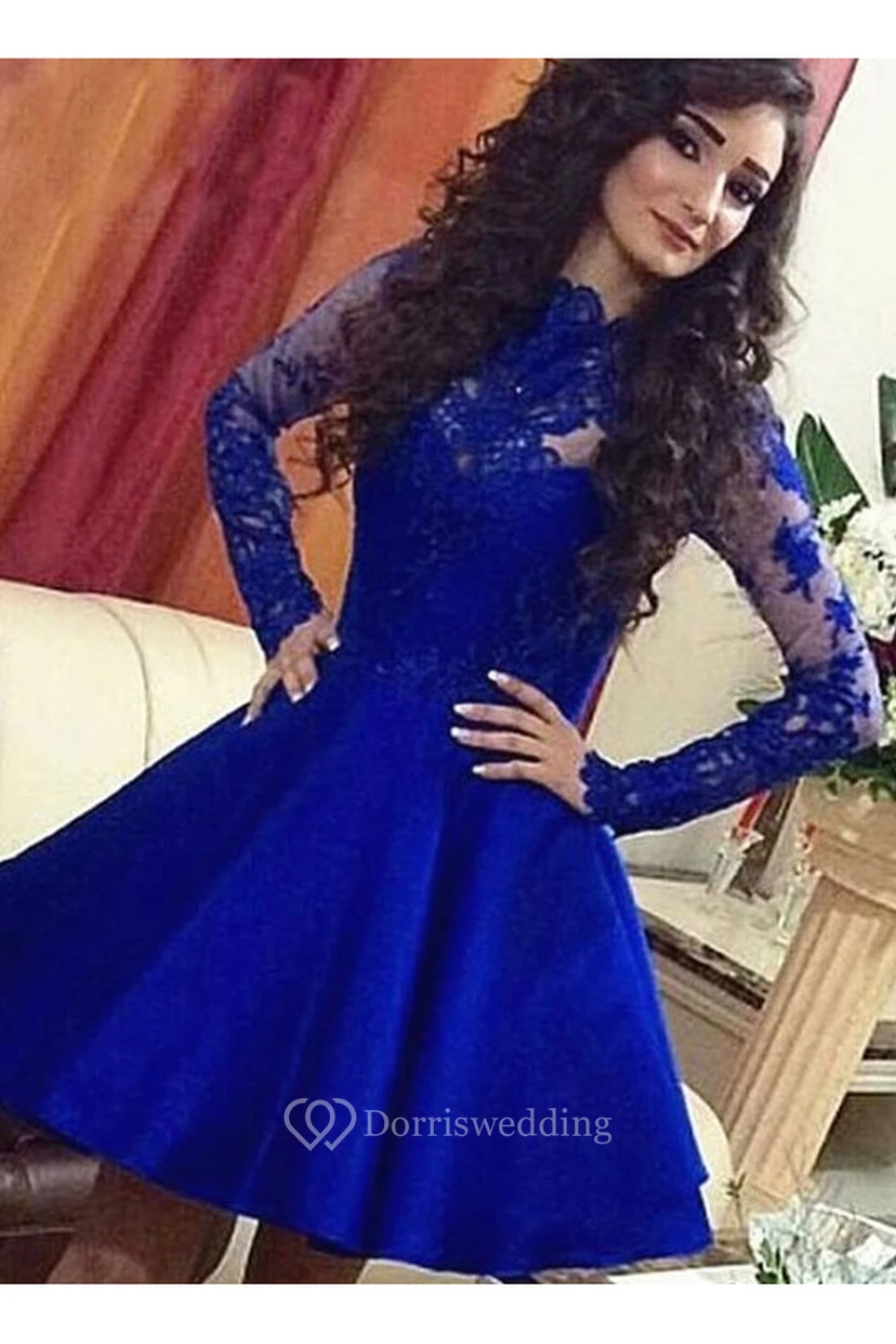 A-Linien-Minikleid aus Satin, langärmelig, mit Spitze, hohem Kragen und Reißverschluss, kurzes Kleid für den Abschlussball